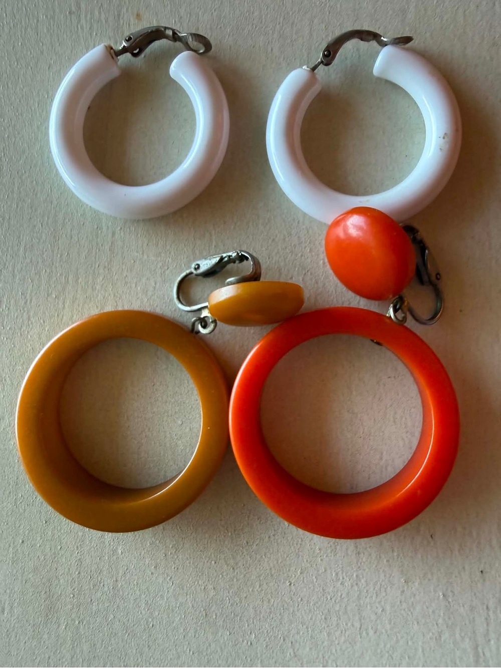 Retro Bakelite Hoop Clip-On Earrings in White, Mustard and Orange